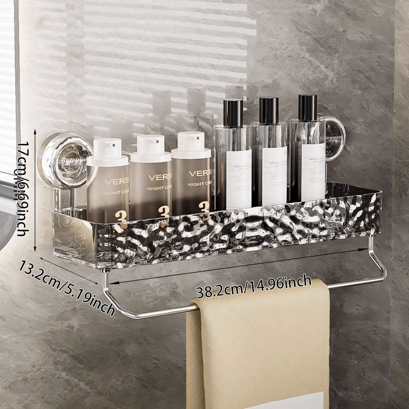 Bathroom shelf with toiletries against a tiled wall