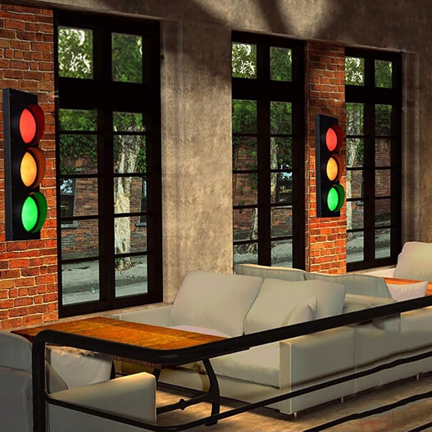 Modern living room with traffic light-themed wall art
