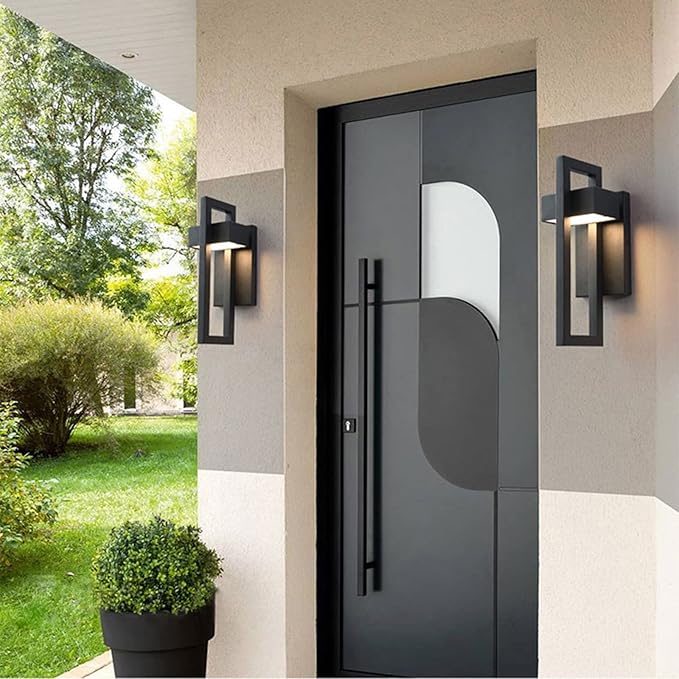 Modern black door with decorative elements on a building exterior