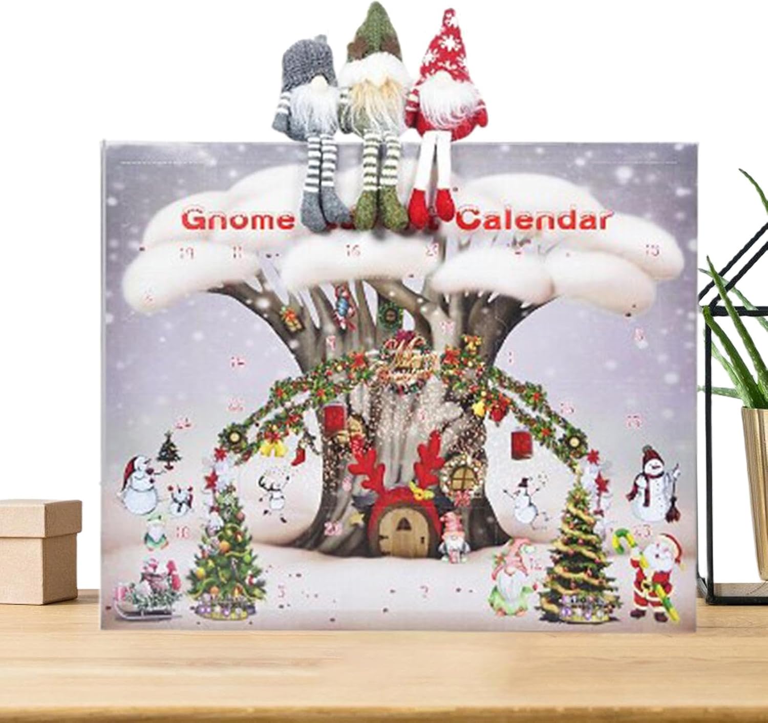 Gnome calendar with festive design on a wooden surface