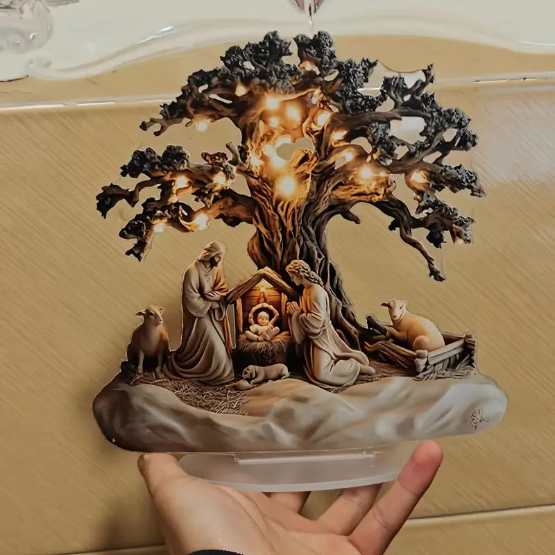 Decorative nativity scene with a tree-like structure on a wooden surface