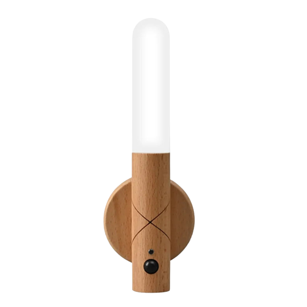 Wooden wall sconce with a white bulb on a white background