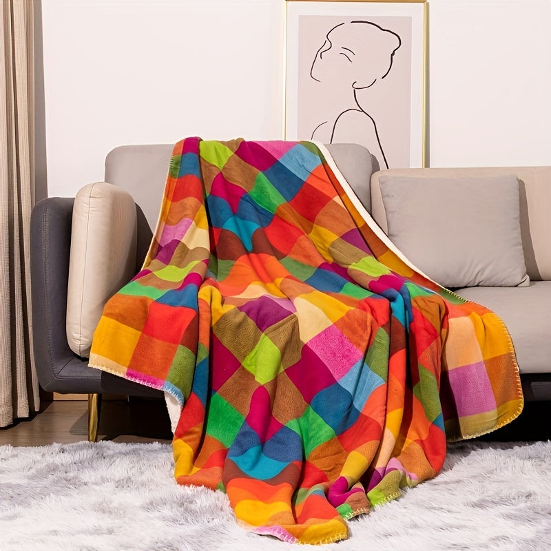 Colorful checkered blanket draped over a sofa in a living room.