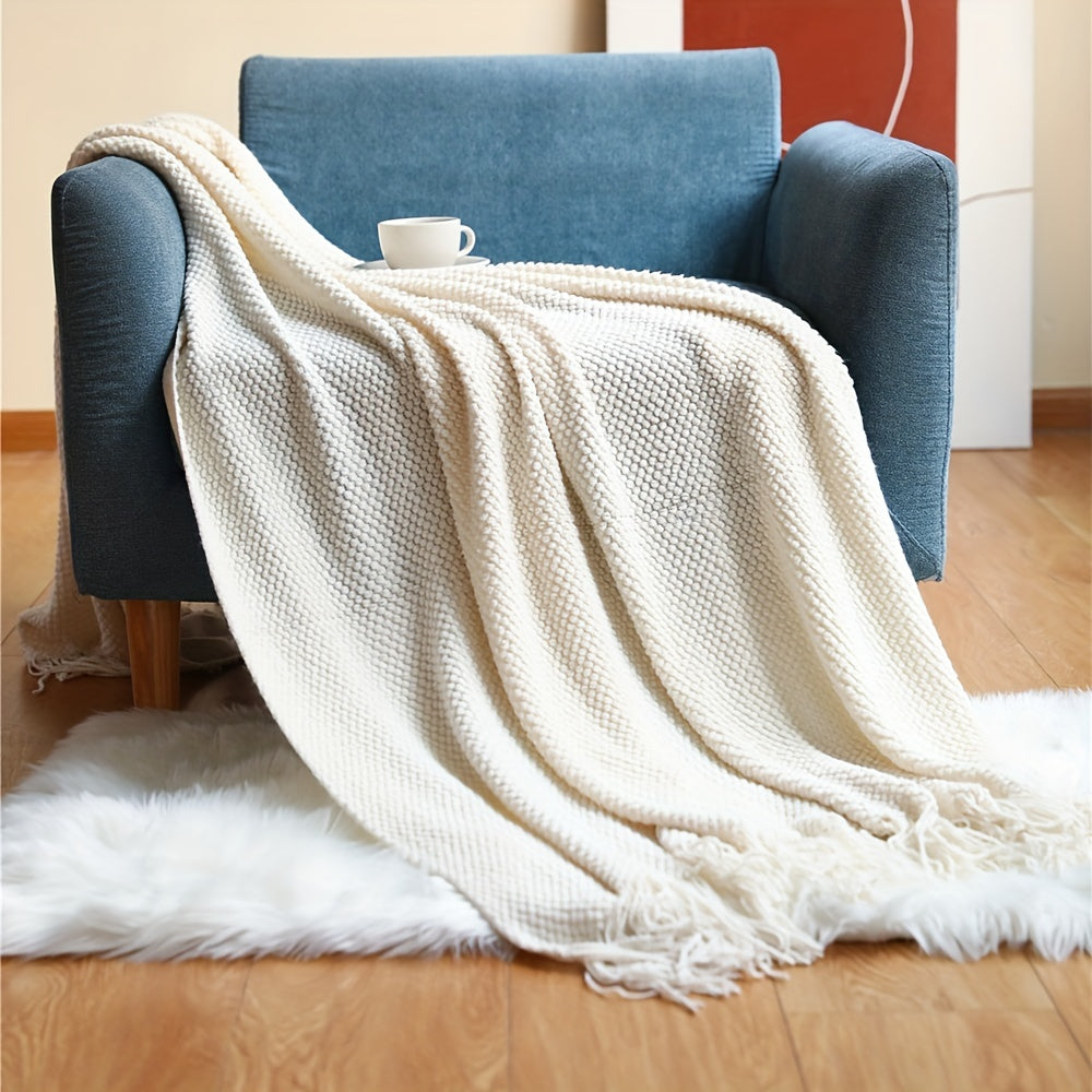 Knitted Throw Blanket with Tassels – Lightweight Bubble Texture Blanket for Sofa, Bed & Home Décor