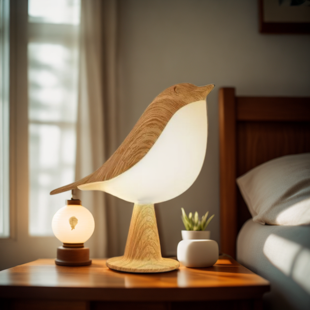 Bird-shaped lamp on a nightstand with a soft light in a bedroom setting