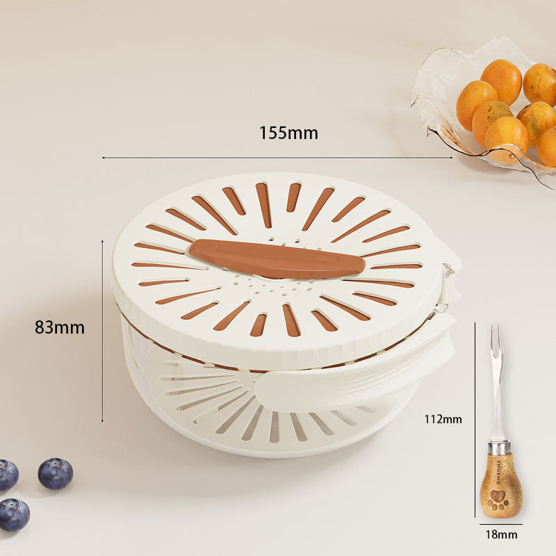 White kitchen tool with brown accents and measurements on a light background