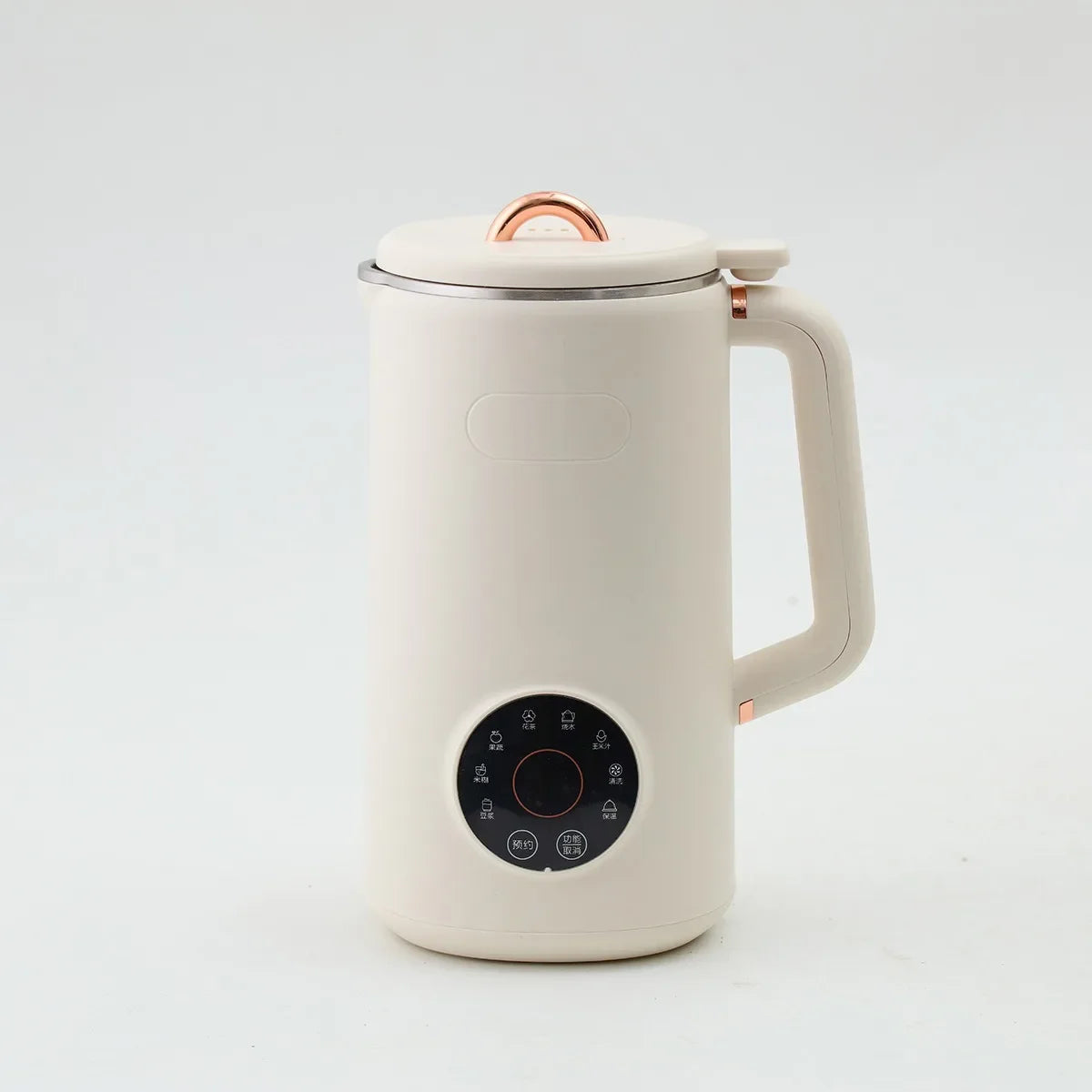 White electric milk maker with a rose gold handle on a light gray background