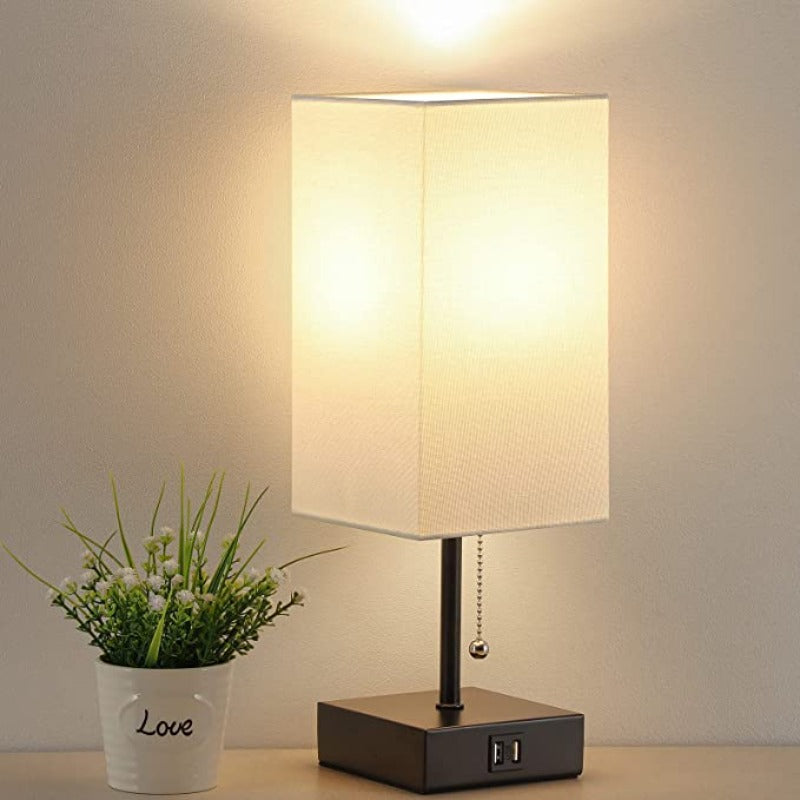 USB Table Lamp with 2 USB Charging Ports – Modern LED Table Lamp with Linen Lampshade, 2700K Warm Light