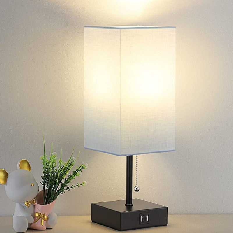 USB Table Lamp with 2 USB Charging Ports – Modern LED Table Lamp with Linen Lampshade, 2700K Warm Light