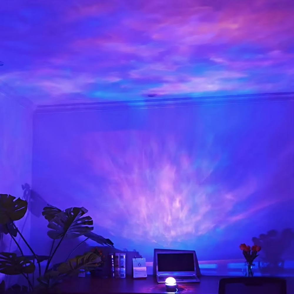 Room with a starry night sky projection on the wall, laptop, and plants.