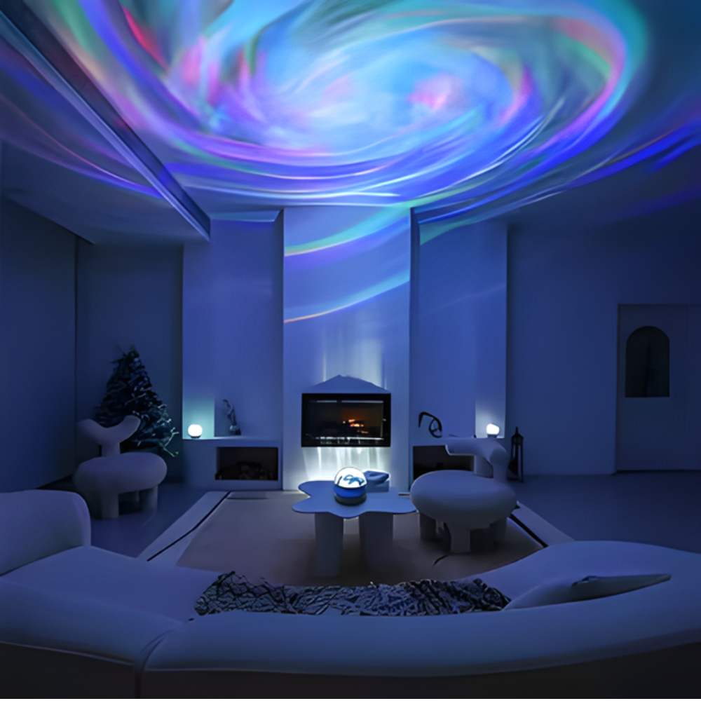 Modern living room with colorful ceiling projection and cozy decor.