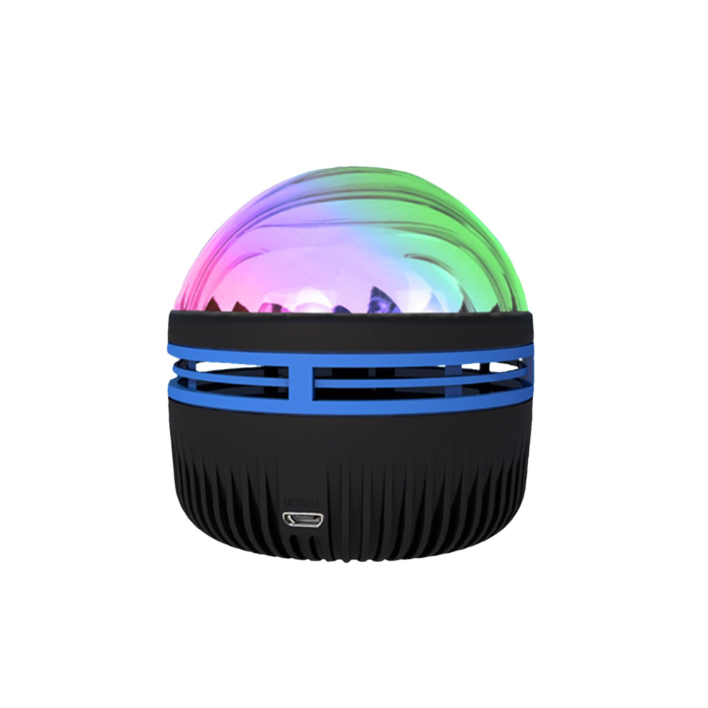 Colorful spherical light with black base on a white background