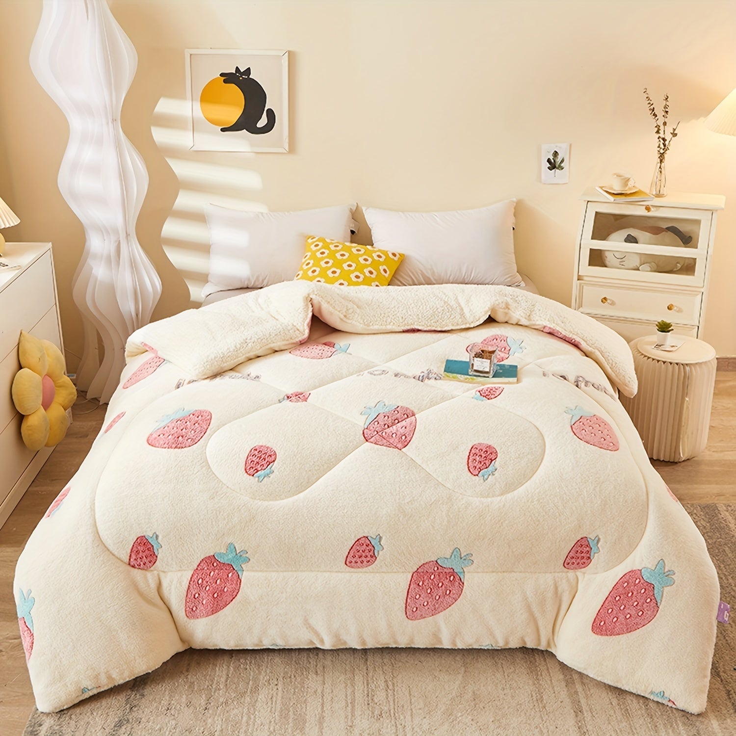 Beige comforter with strawberry pattern in a bedroom setting