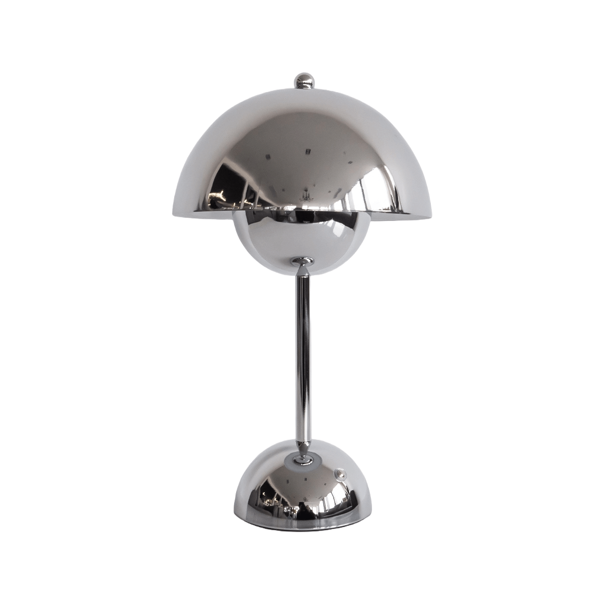 Chrome table lamp with a unique design on a white background