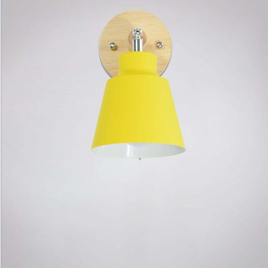 Yellow wall lamp with wooden base on a white background