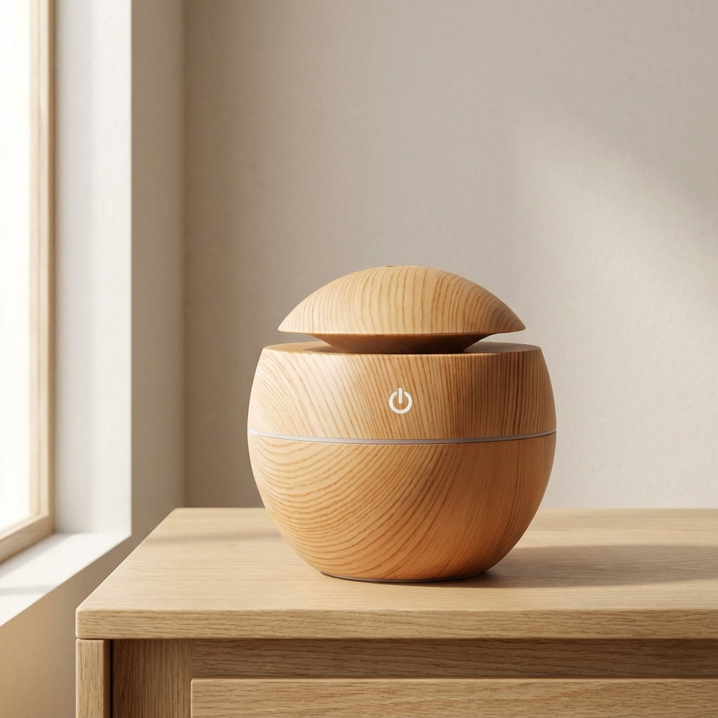 Wooden diffuser on a wooden surface with a neutral background