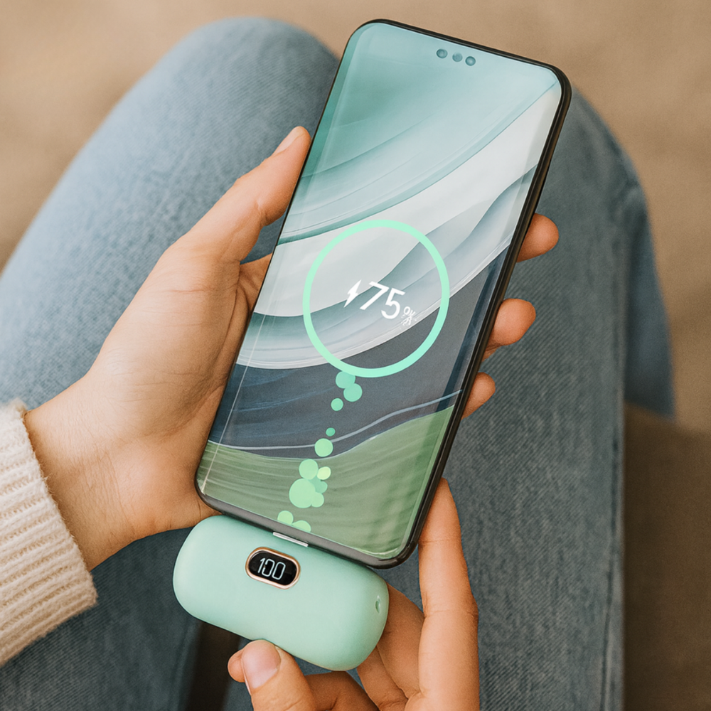 Person holding a smartphone with a green screen and a matching phone case.