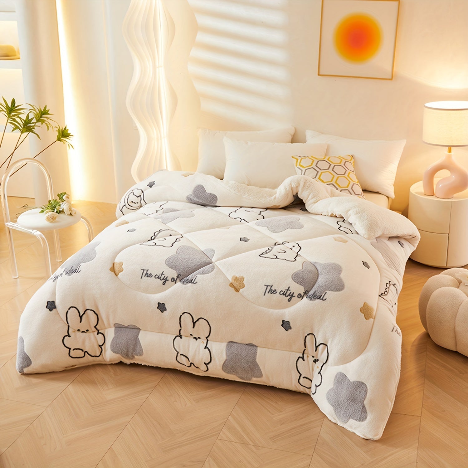 Fluffy white blanket with cartoon designs on a bed in a cozy bedroom.