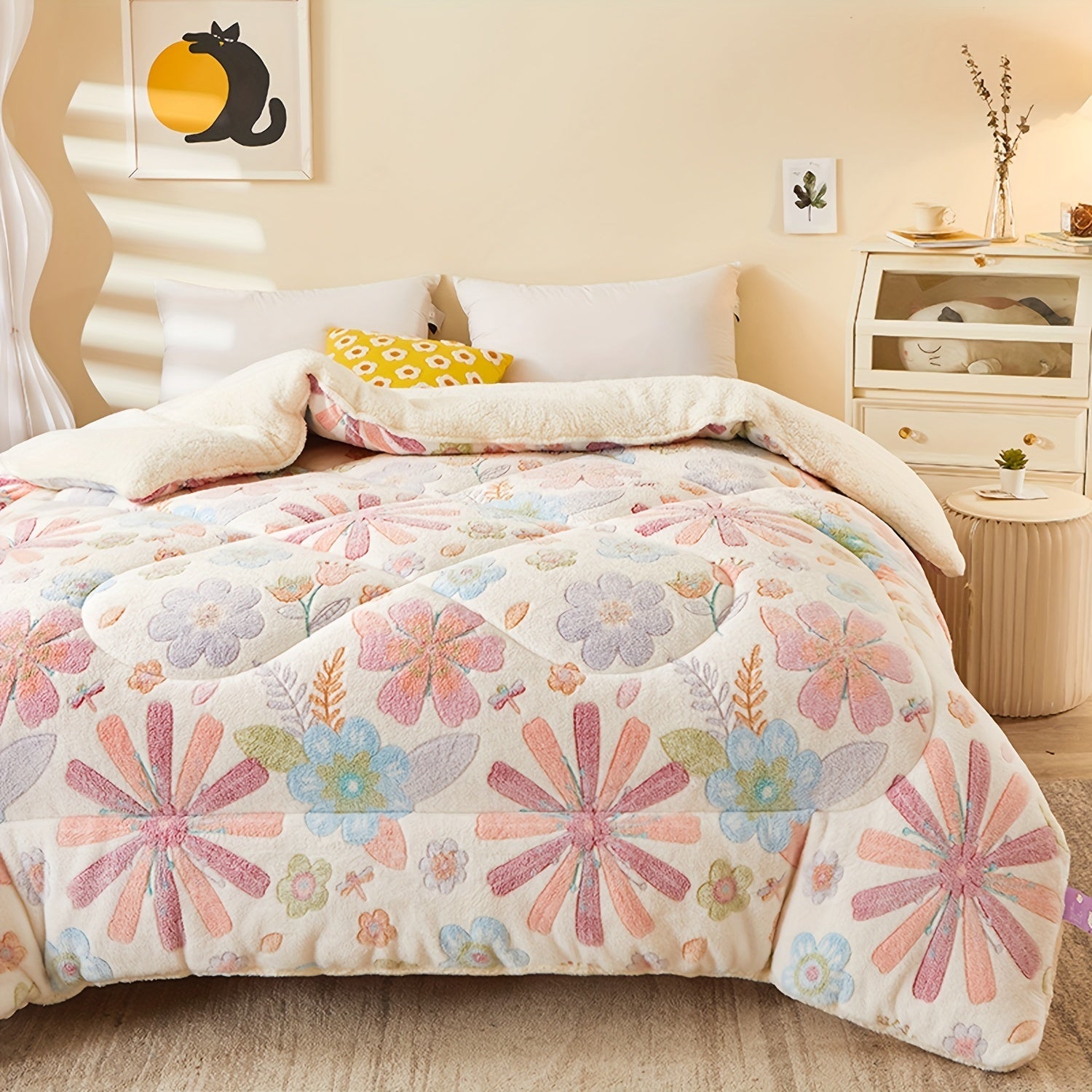 Floral patterned comforter on a bed in a bedroom setting