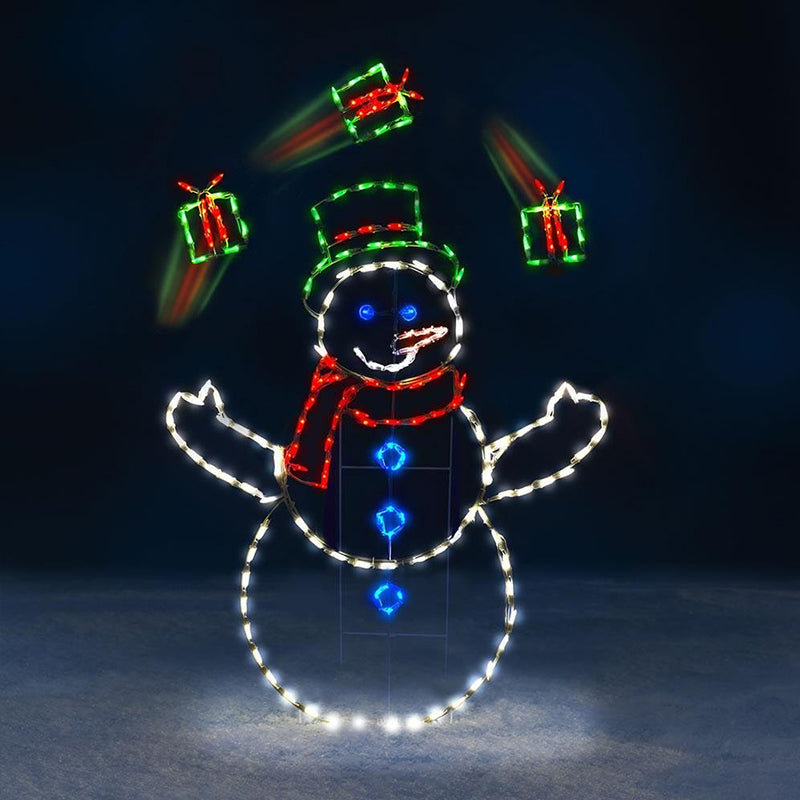 Decorative LED snowman with glowing lights against a dark background