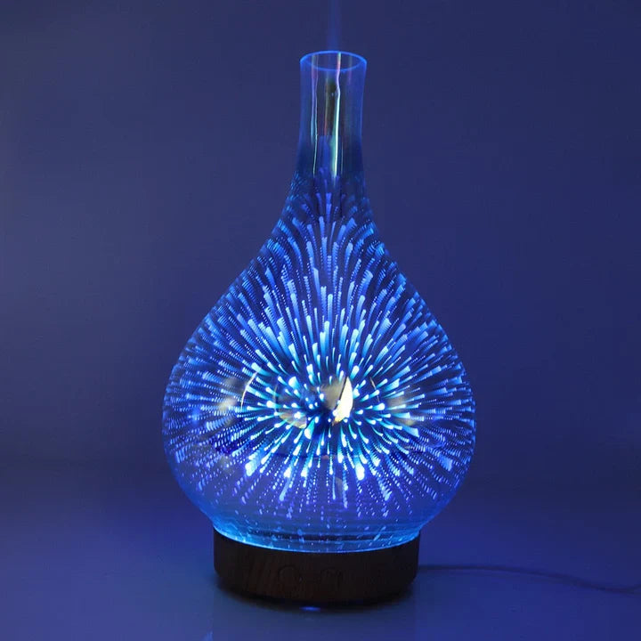 Decorative lamp with blue light effects on a dark background