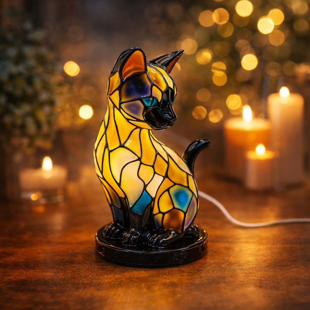Artistic Cat Silhouette Table Lamp – Mosaic Resin Design for Bedroom and Living Room Ambient Lighting 1
