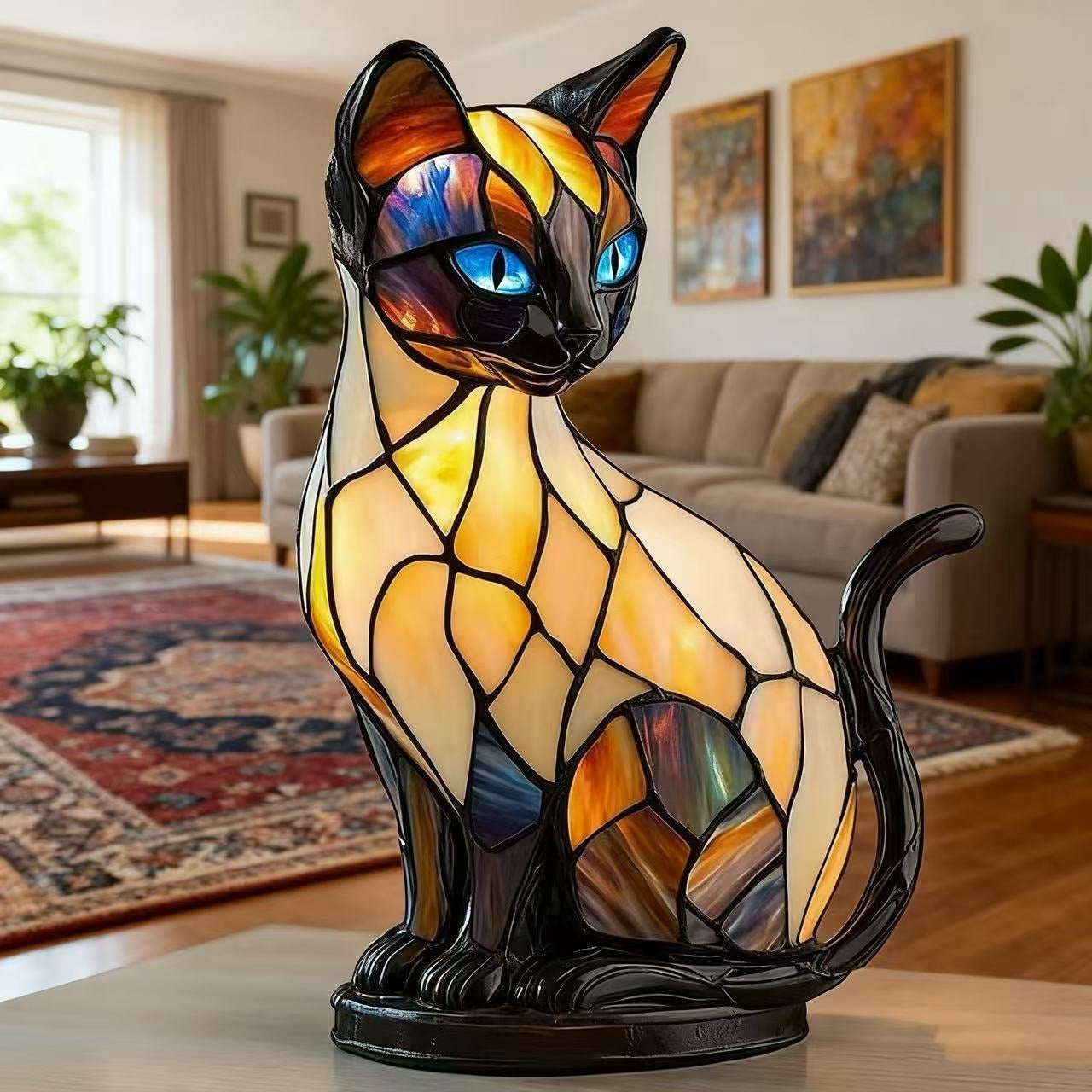 Artistic Cat Silhouette Table Lamp – Mosaic Resin Design for Bedroom and Living Room Ambient Lighting 0