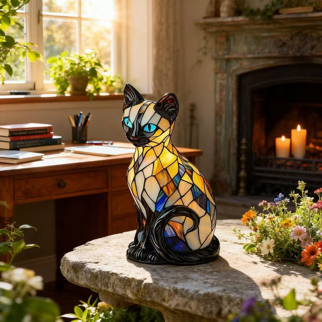 Artistic Cat Silhouette Table Lamp – Mosaic Resin Design for Bedroom and Living Room Ambient Lighting 4