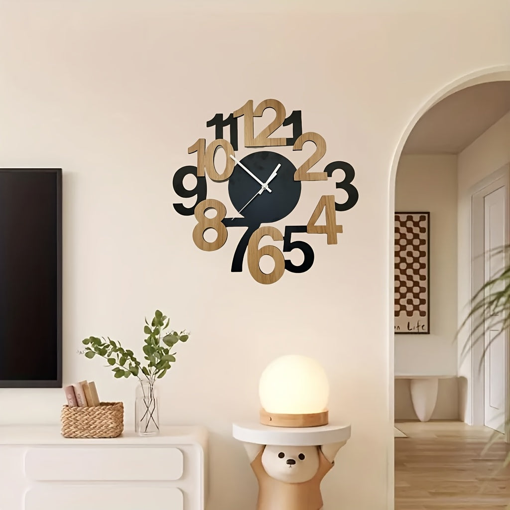 Asymmetrical Digital Wall Clock with Oversized Numbers – Modern Silent Kitchen Clock in Black and Natural Wood Finish 1