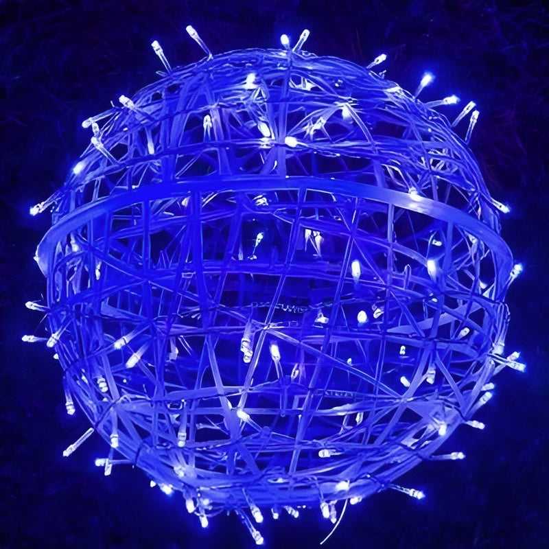 Blue LED string lights wrapped around a spherical frame against a dark background