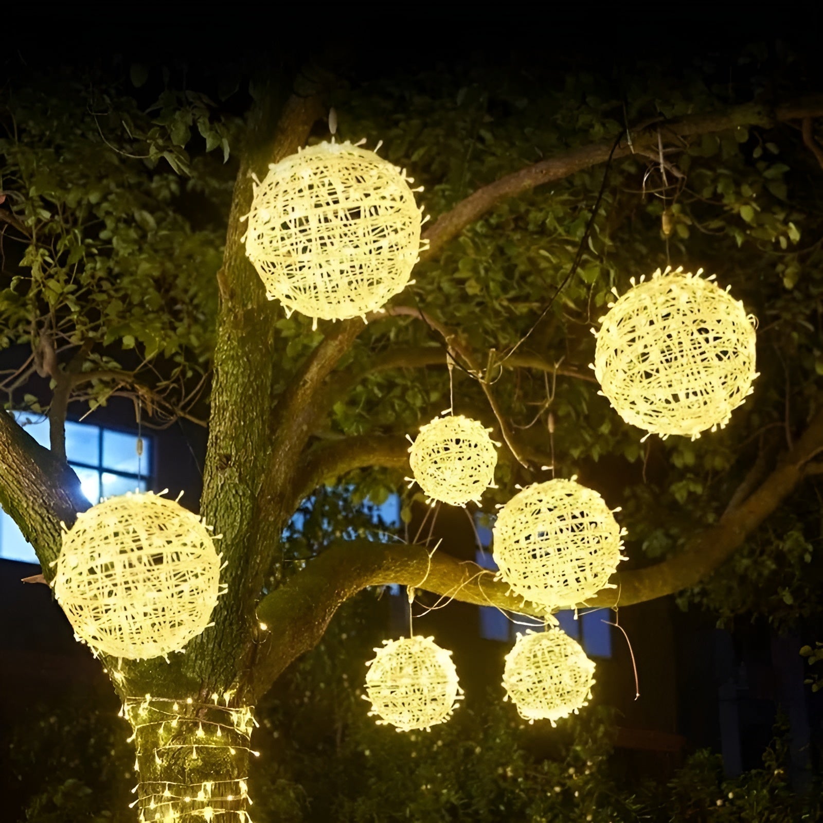 Decorative string lights shaped like spherical lanterns hanging on a tree at night.