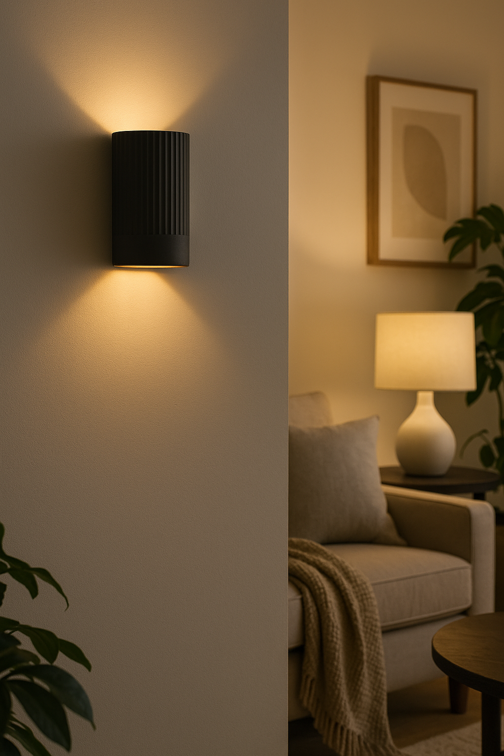 Modern black wall sconce in a living room setting with a lamp and framed picture.