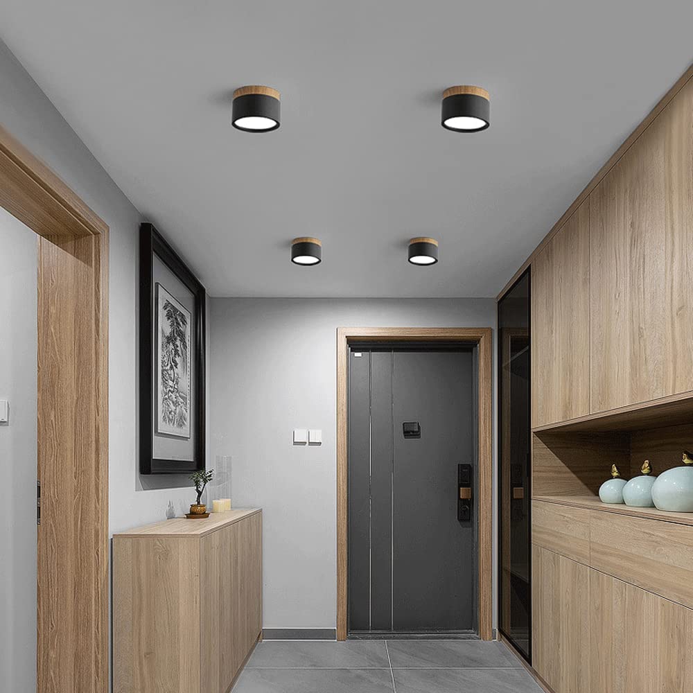 Modern hallway with wooden cabinets, ceiling lights, and a painting.