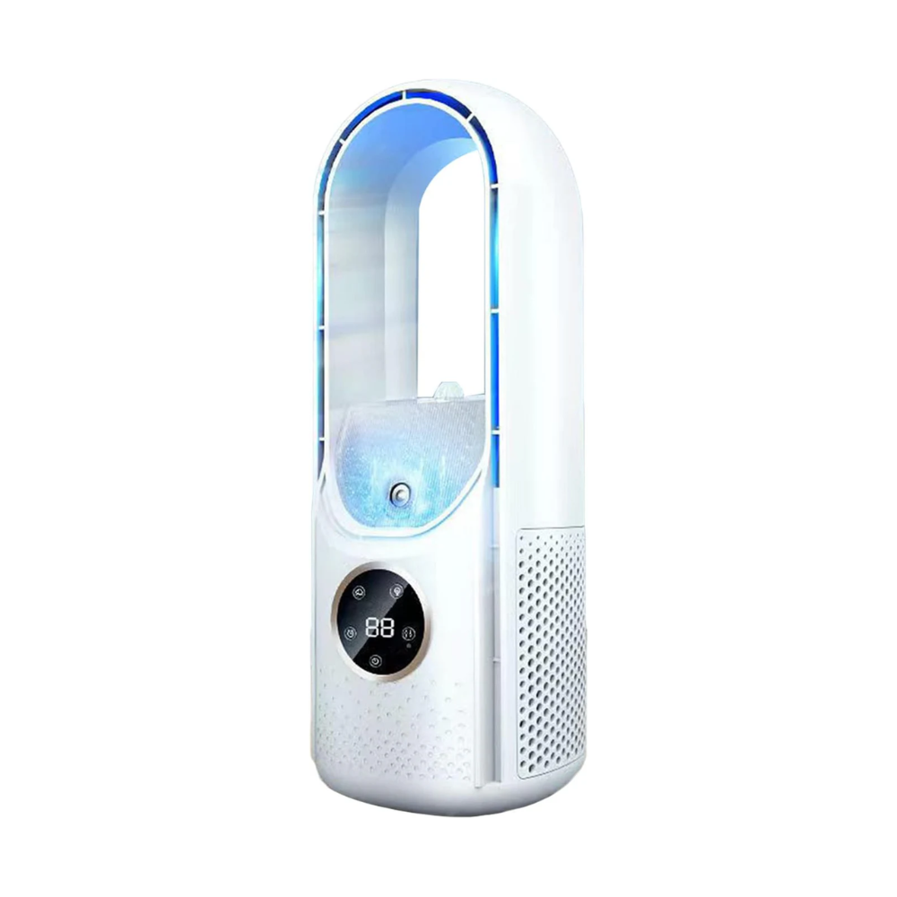 White humidifier with digital display on a white background