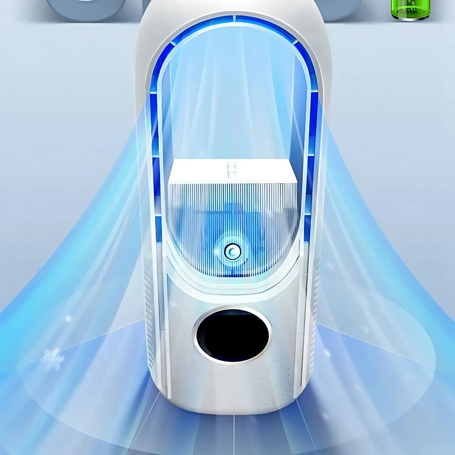 White electronic device with blue light on a light blue background