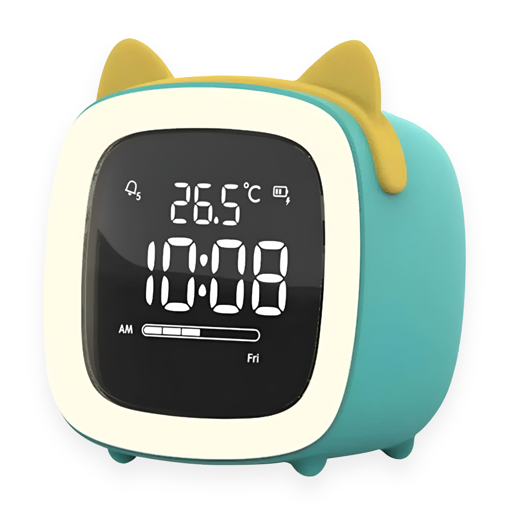 Children's digital clock with cat ears on a white background