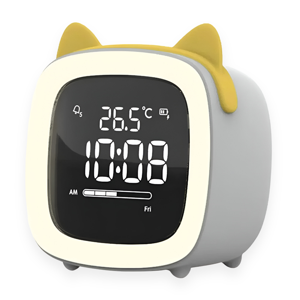 Children's digital clock with cat ears on a white background