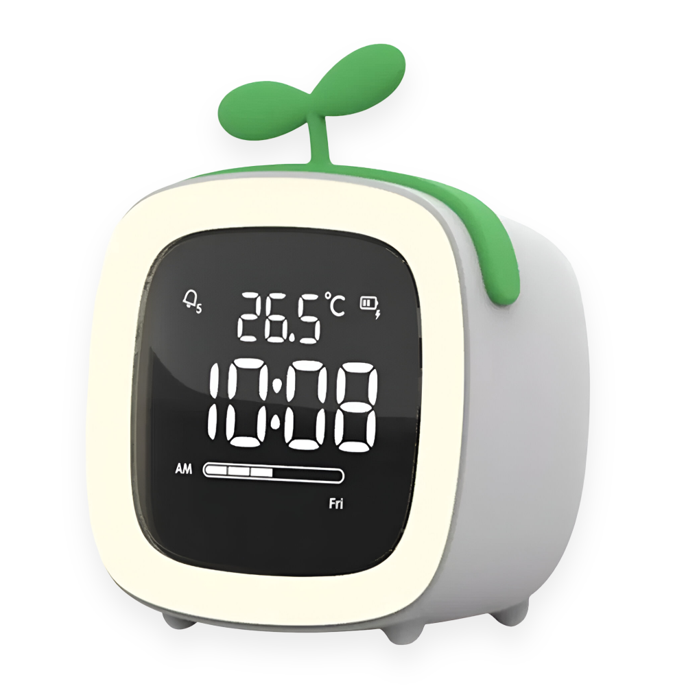 Digital clock with green accents on a white background