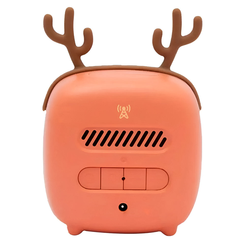 Peach-colored Bluetooth speaker with reindeer antlers on a white background