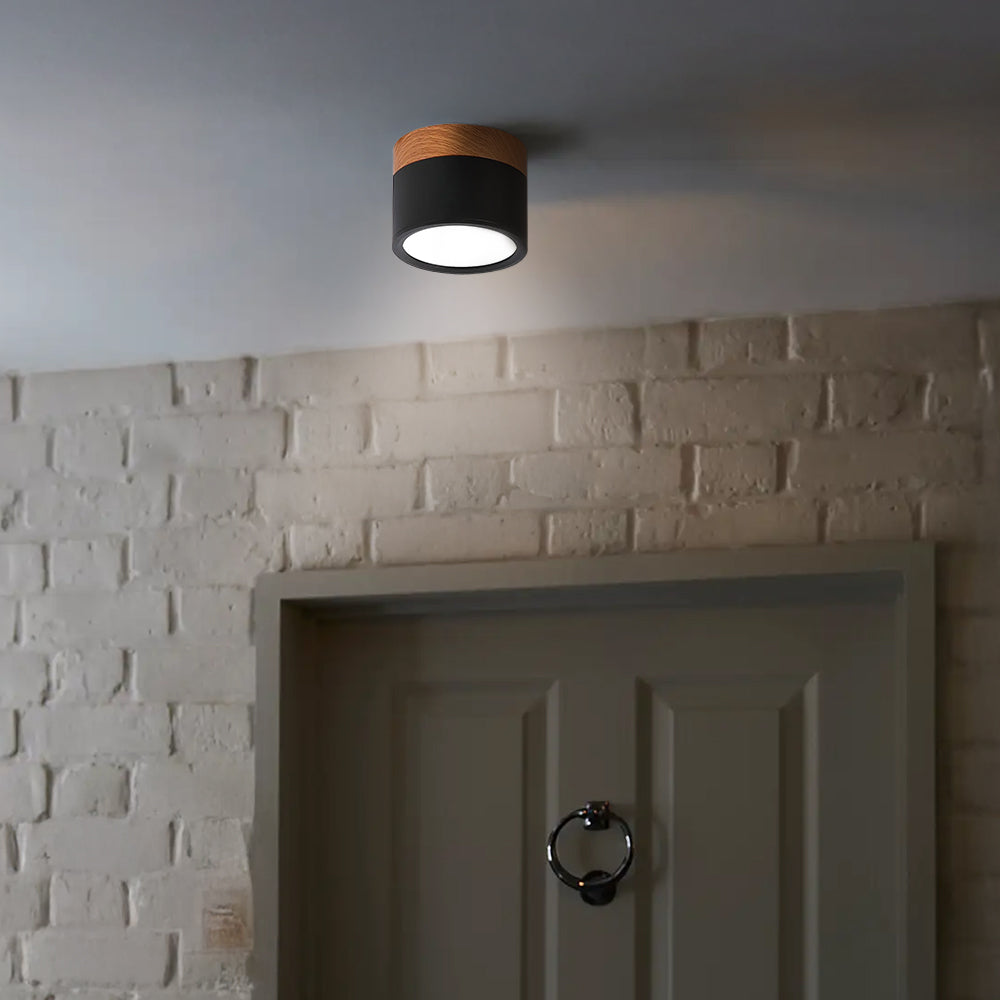Ceiling light fixture on a ceiling with a brick wall and door in the background