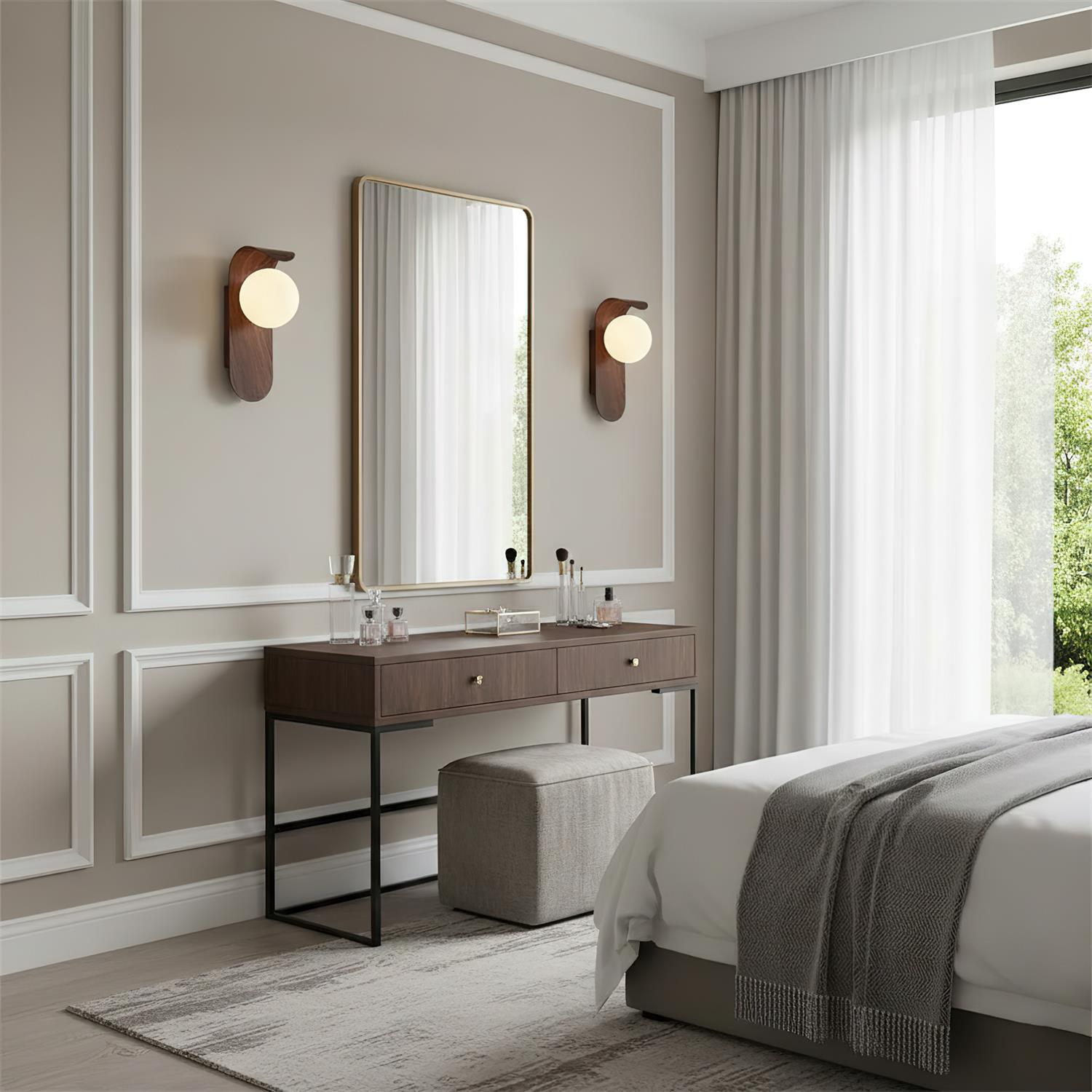 Modern bedroom with a vanity table, mirror, and bed.