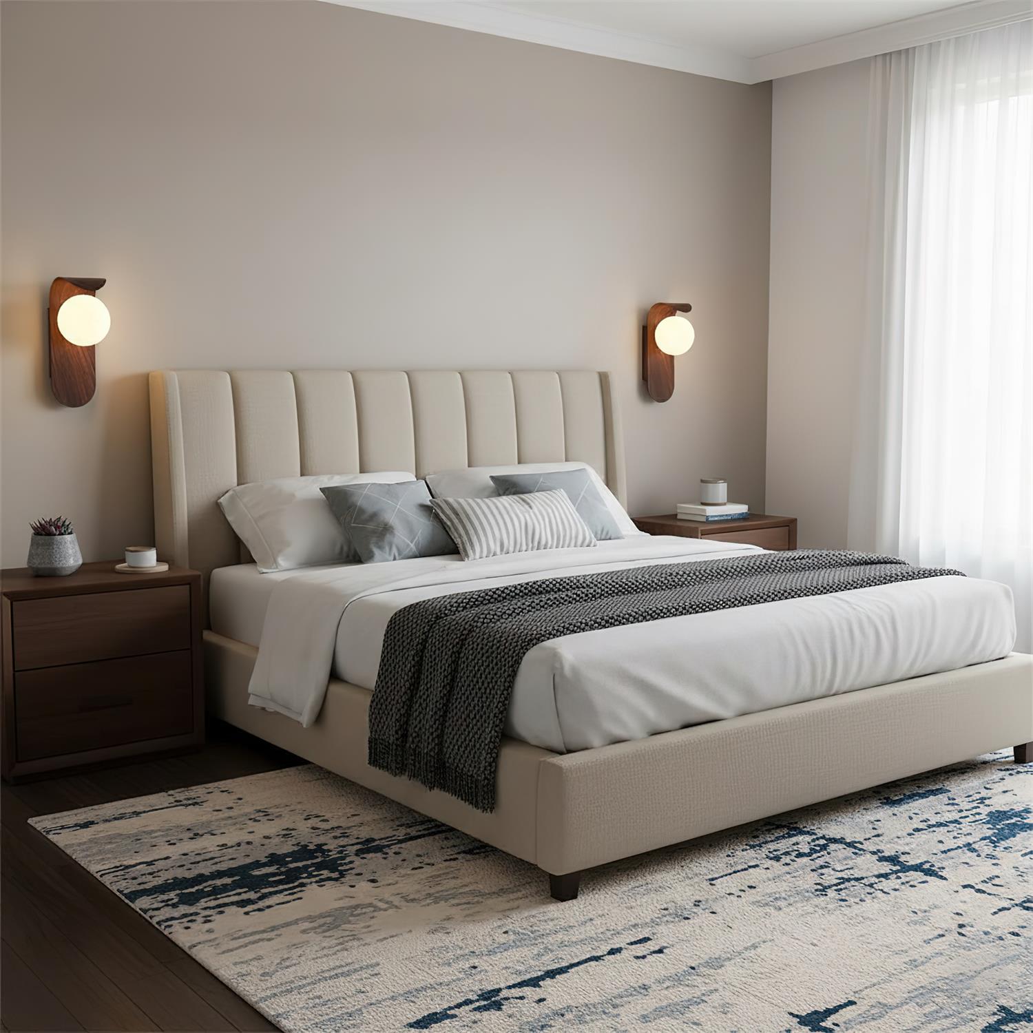 Modern bedroom with a beige upholstered bed, wooden nightstands, and wall sconces.