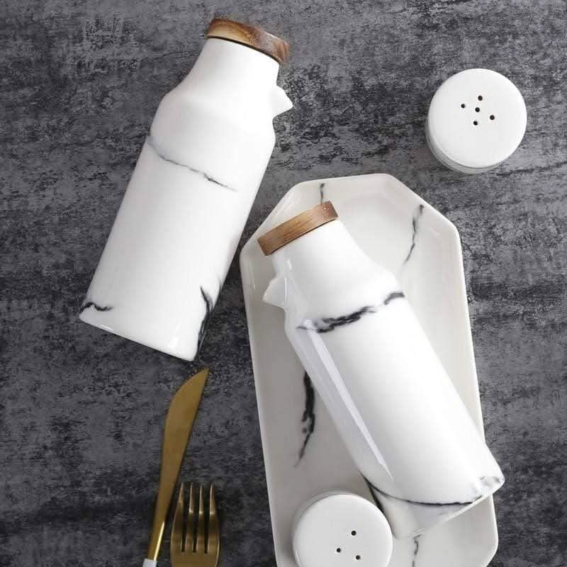 Ceramic Kitchen Set with Salt and Pepper Shakers and Oil Vinegar Containers – Elegant Matte Black and White Design 2