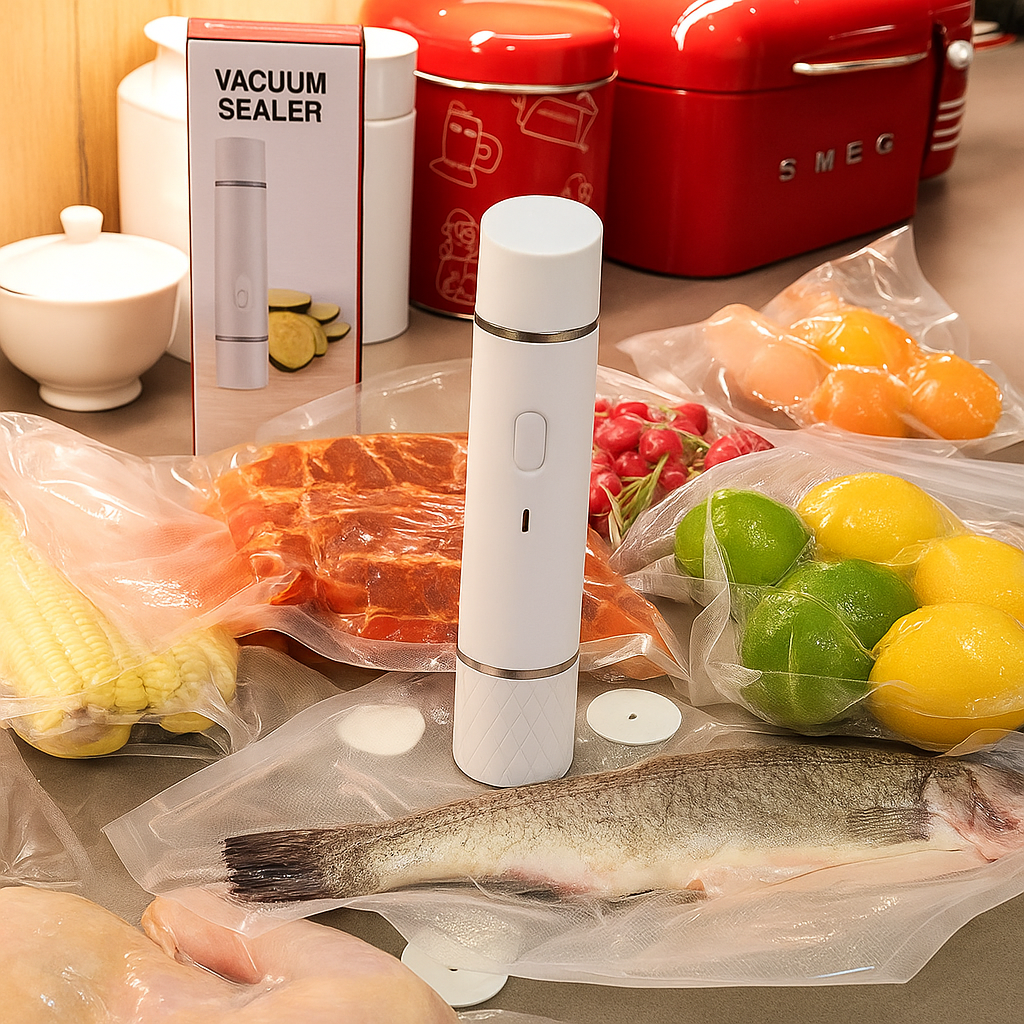 White vacuum sealer on a table with food packaging and a Smeg appliance in the background.