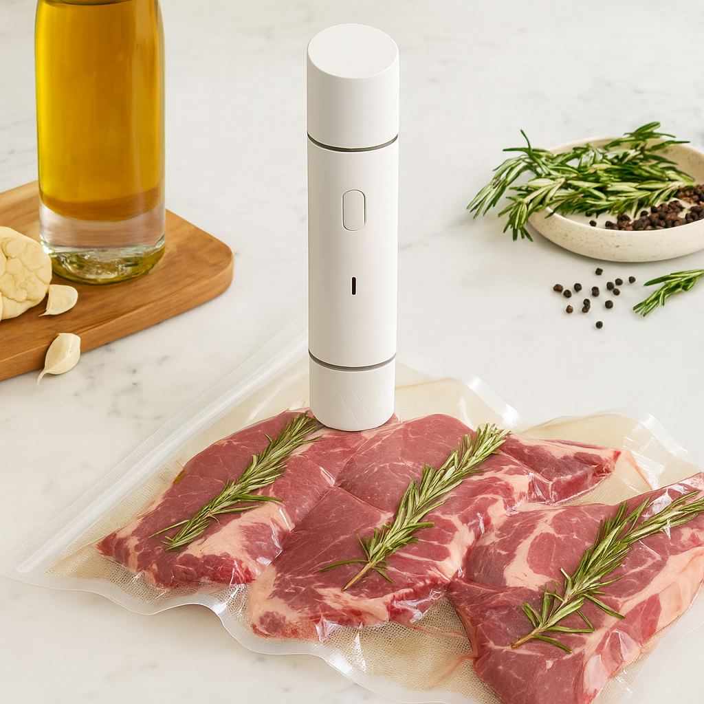 Vacuum sealer with raw meat and rosemary on a marble surface