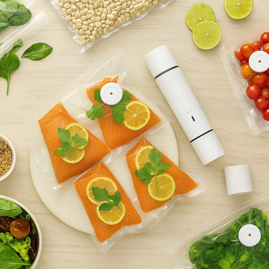 Vacuum sealer with salmon packets on a wooden surface