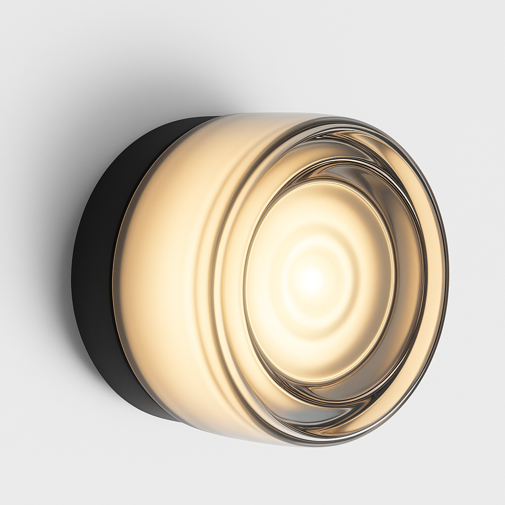 Modern wall light fixture with gold and black design on a neutral background