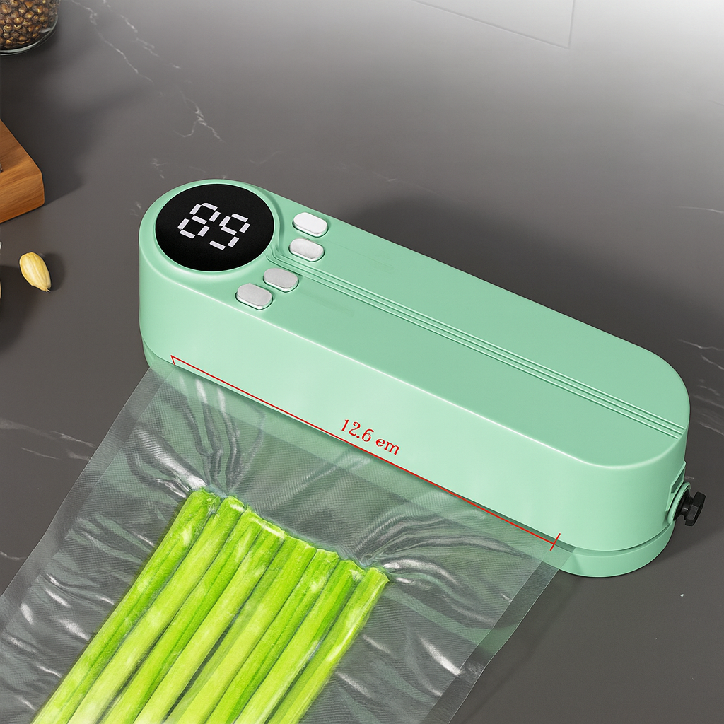 Green vacuum sealer machine with digital display on a gray surface with vegetables.