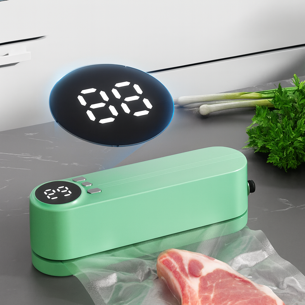 Green vacuum sealer machine on a kitchen counter with digital display and food items.