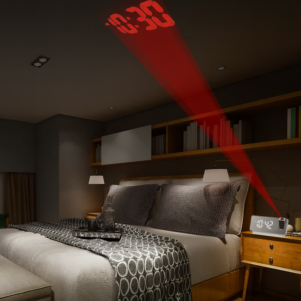 Digital clock projecting time onto a bedroom wall